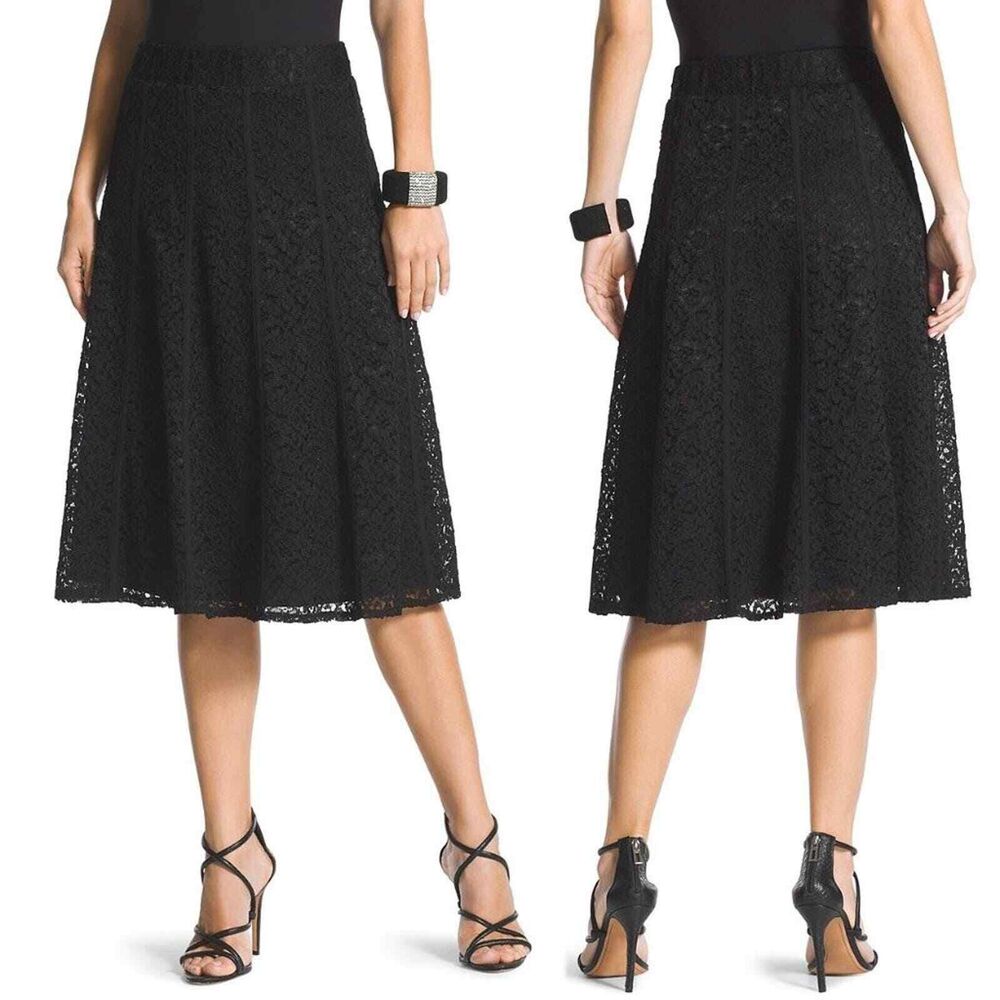Chico's Black Floral Lace Flared A Lined Skirt Women's Size 0